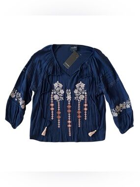 Liv Los Angeles Embroidered Navy Blue Boho Top
